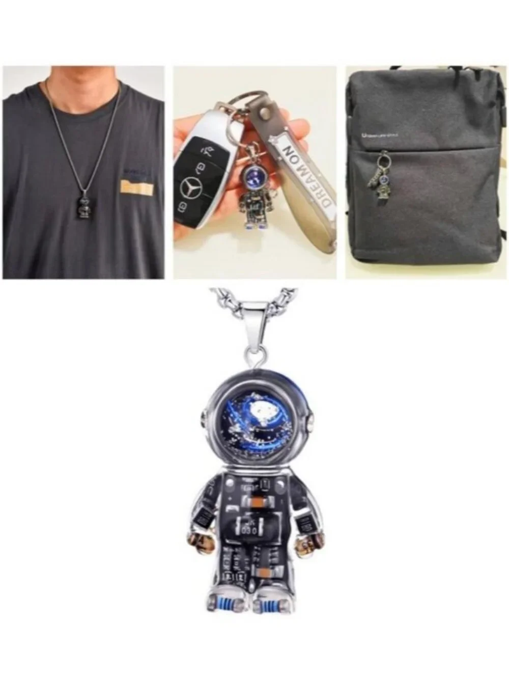 Cyberpunk Astronaut Pendant Necklace Recycled Resin Mech Gear Keychain Charm